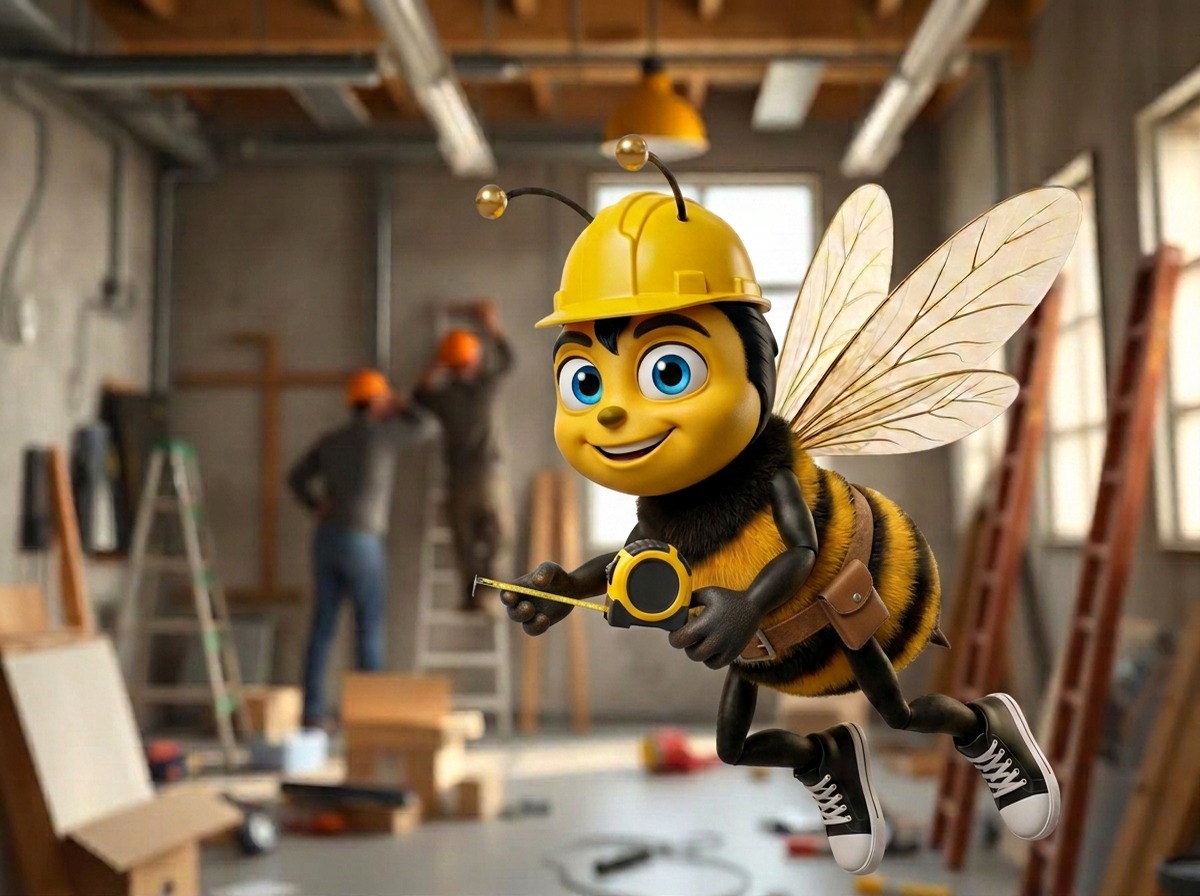 La mascotte BeeStrat tient un plan sur un chantier de rénovation