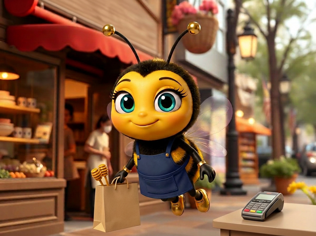 La mascotte BeeStrat accompagne un client devant un commerce de quartier