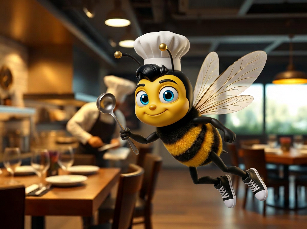 La mascotte BeeStrat observe le service dans un restaurant professionnel