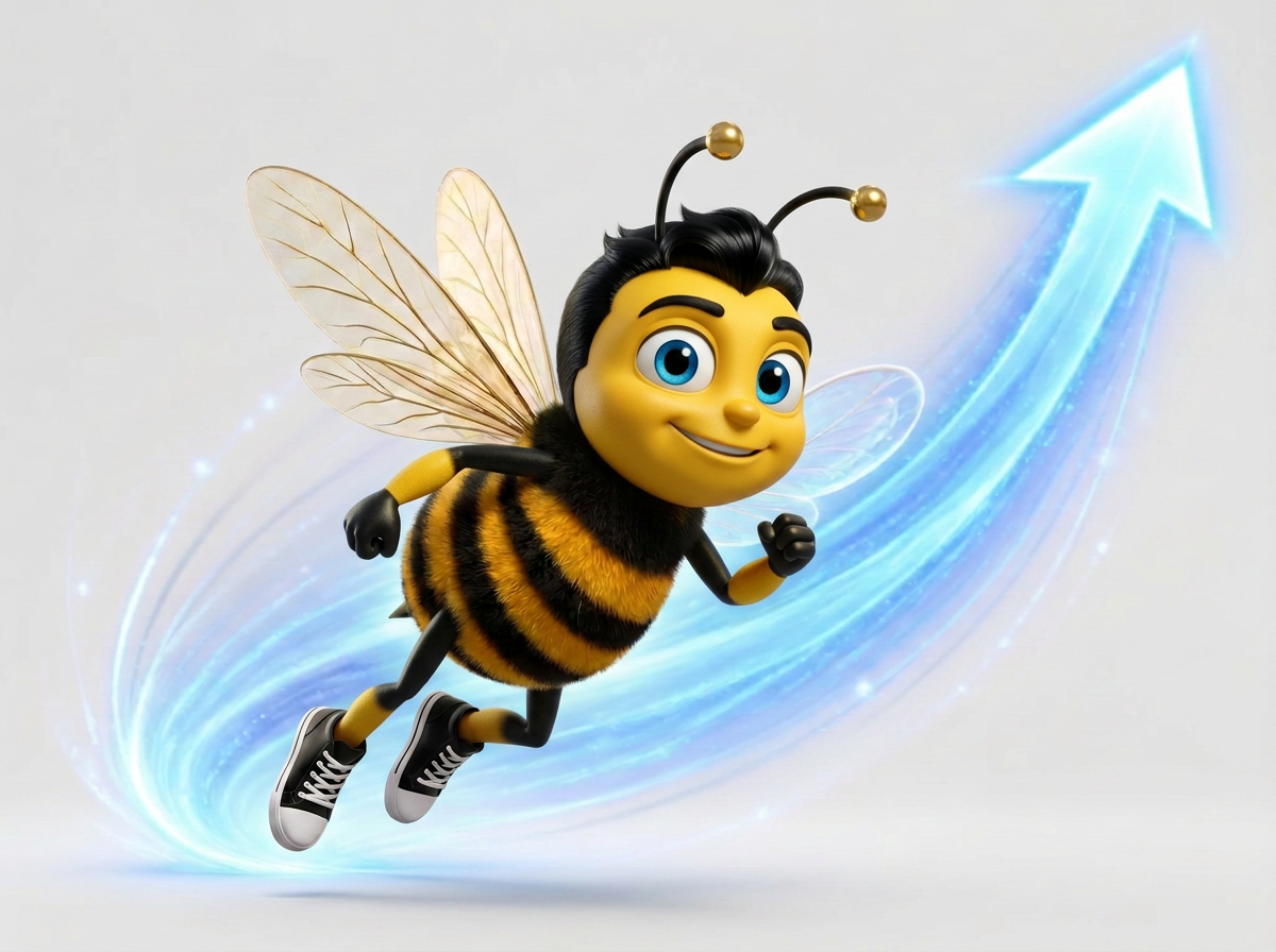 La mascotte BeeStrat accélère vers l'avant sur une trajectoire ascendante
